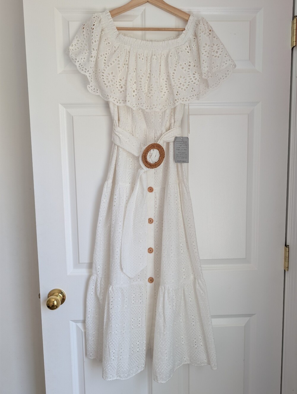 Eliza J Ivory White Off-Shoulder Eyelet Boho Cotton Midi Long Dress Belted Sz 4 - Picture 5 of 15
